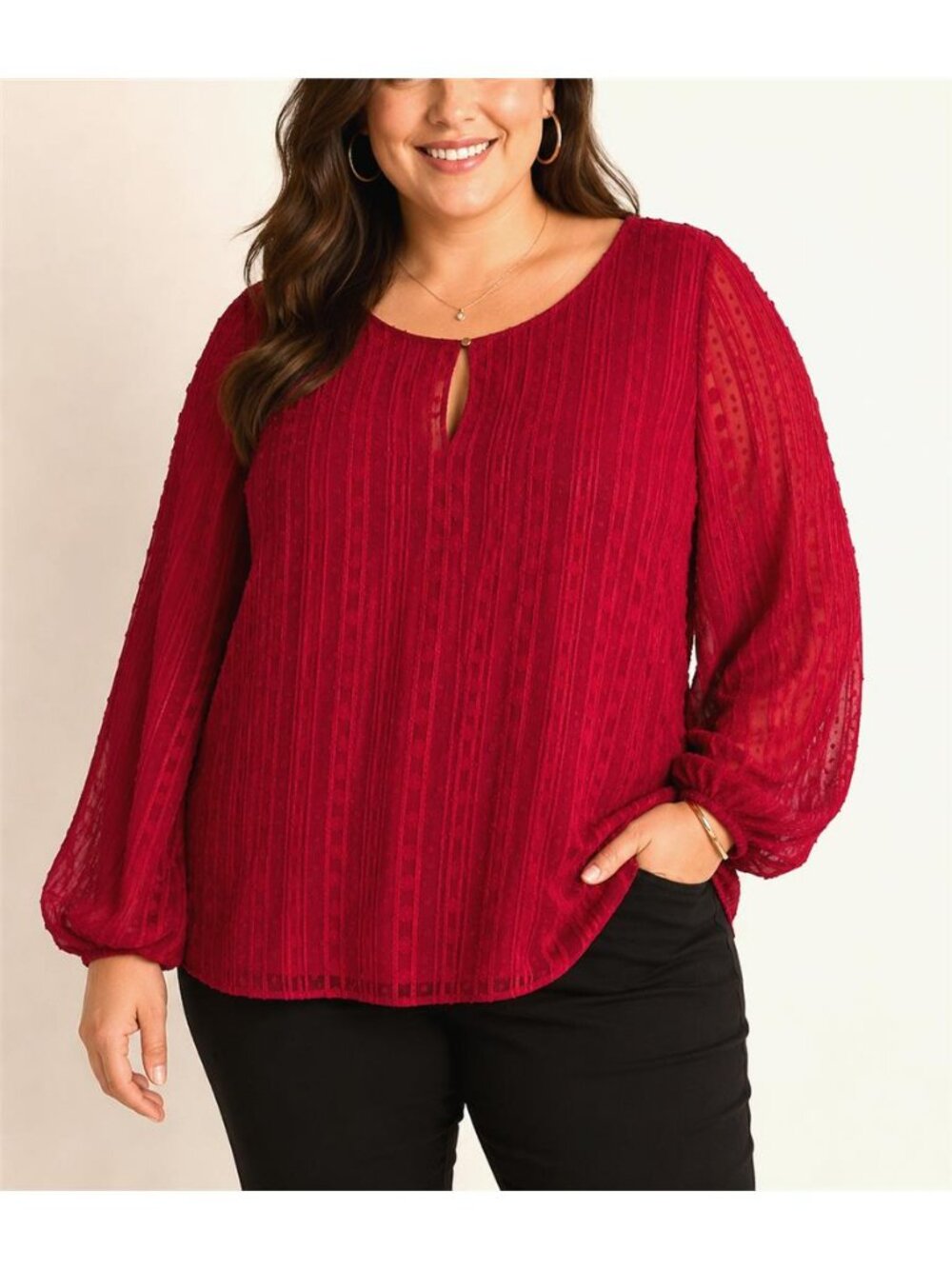 Liz Claiborne 2X Rumba Red Metallic Textured Balloon Sleeve Boho Blouse